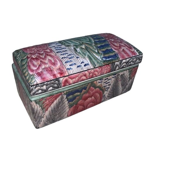 Oriental Accents Asian Inspired Ceramic Box Rectangular Floral Design Glazed - Picture 4 of 7